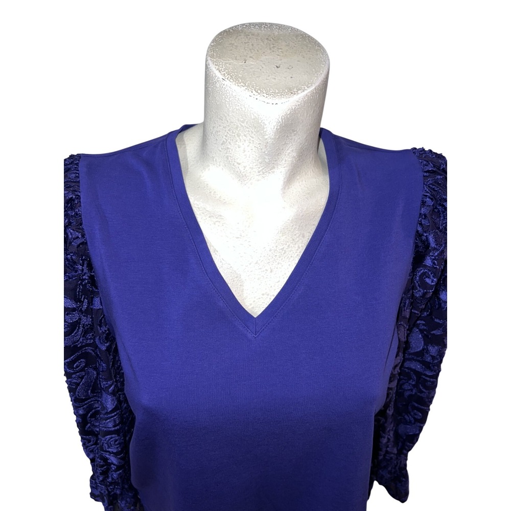 Chicos Royal Purple V-Neck Top Sheer Embroidered Mesh Long Sleeve Size (2) Large - Picture 2 of 7